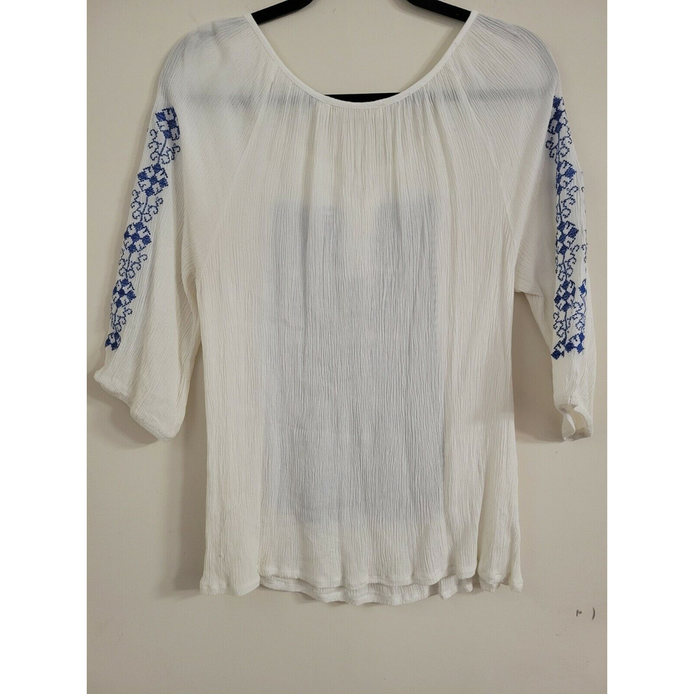 Solitaire Size Lg White/Blue Embroidered Bohemian Rayon Pull Over‎ Blouse - Picture 6 of 6